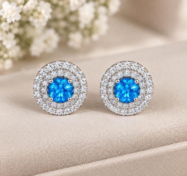 925 Sterling Silver Blue CZ Round Halo Stud Earrings | Rhodium Plated | For Women & Girls