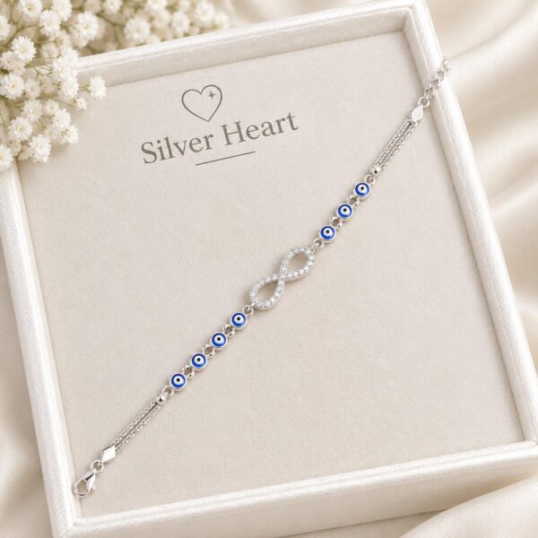 SILVER HEART 925 Sterling Silver Evil Eye & Infinity Bracelet | Rhodium Plated | Adjustable | BIS Hallmarked