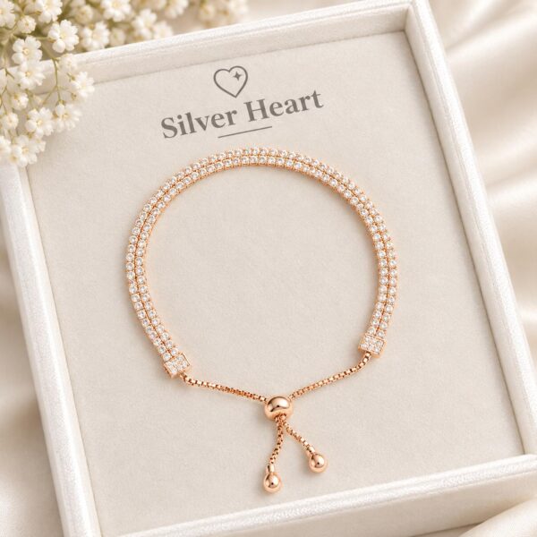 SILVER HEART 925 Sterling Silver Rose Gold Plated Tennis Bracelet | Adjustable | Cubic Zirconia | BIS Hallmarked