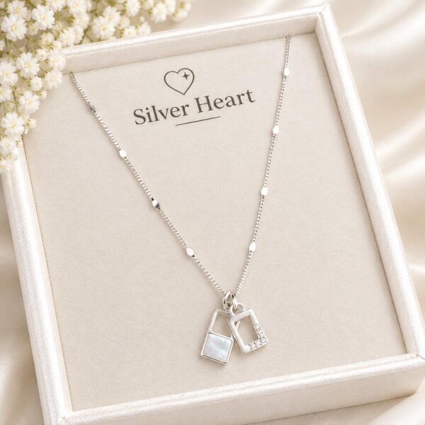 925 Sterling Silver Double Rectangle Pendant Necklace | Rhodium Plated | Mother of Pearl & CZ | BIS Hallmarked